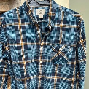 Timberland Blue and pumpkin Plaid Men's Shirt. Can be worn unisex. 100% cotton.